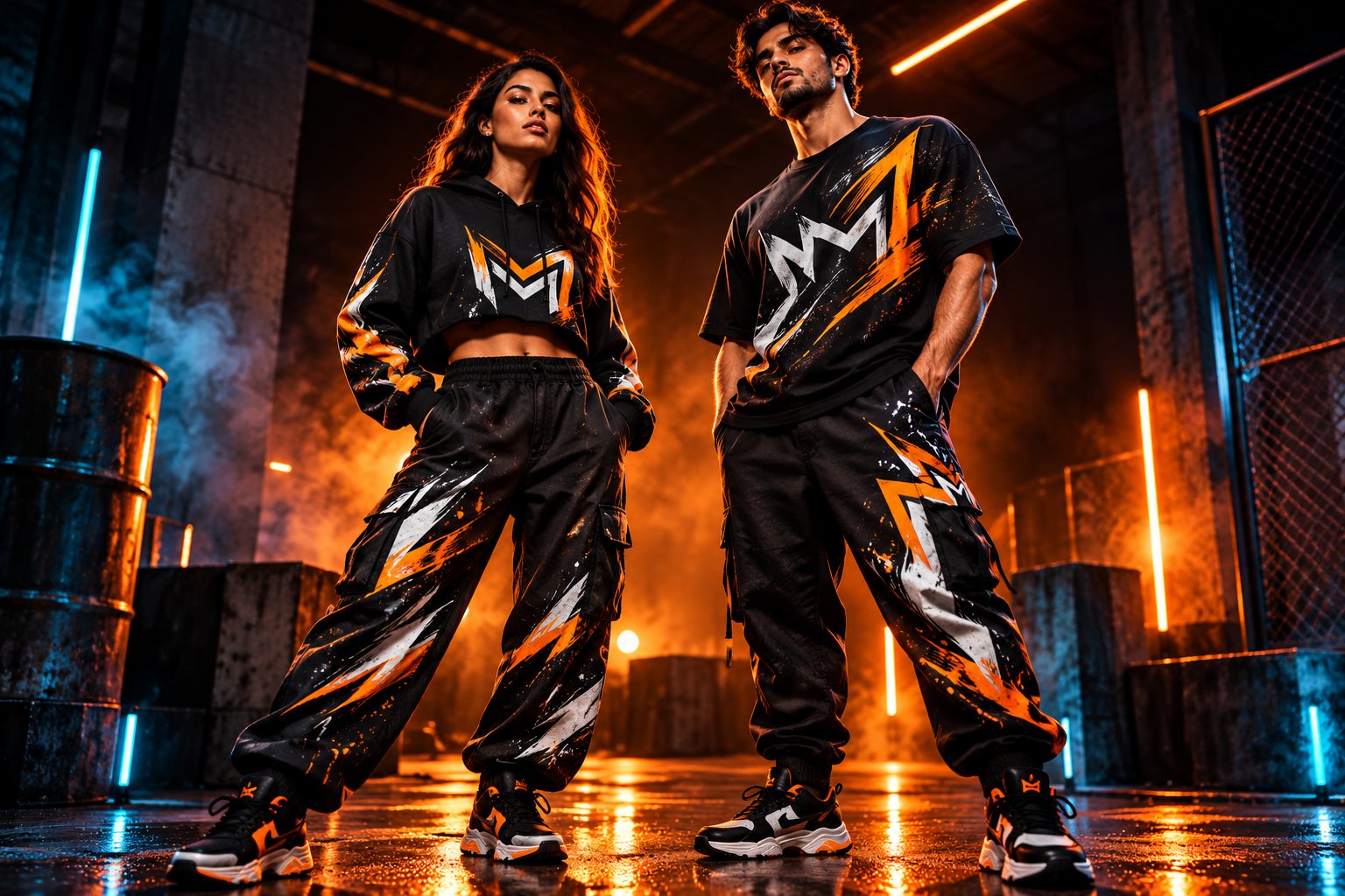Two models wearing graphic black MYOWDEZ inspired streetwear in an orange-lit studio