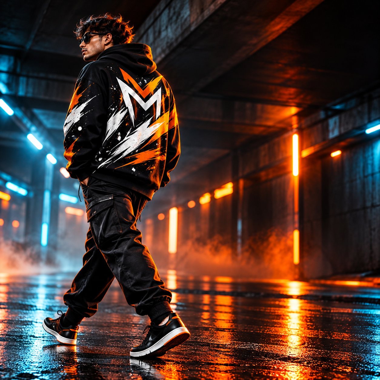Model in a black hoodie in an orange-lit urban scene
