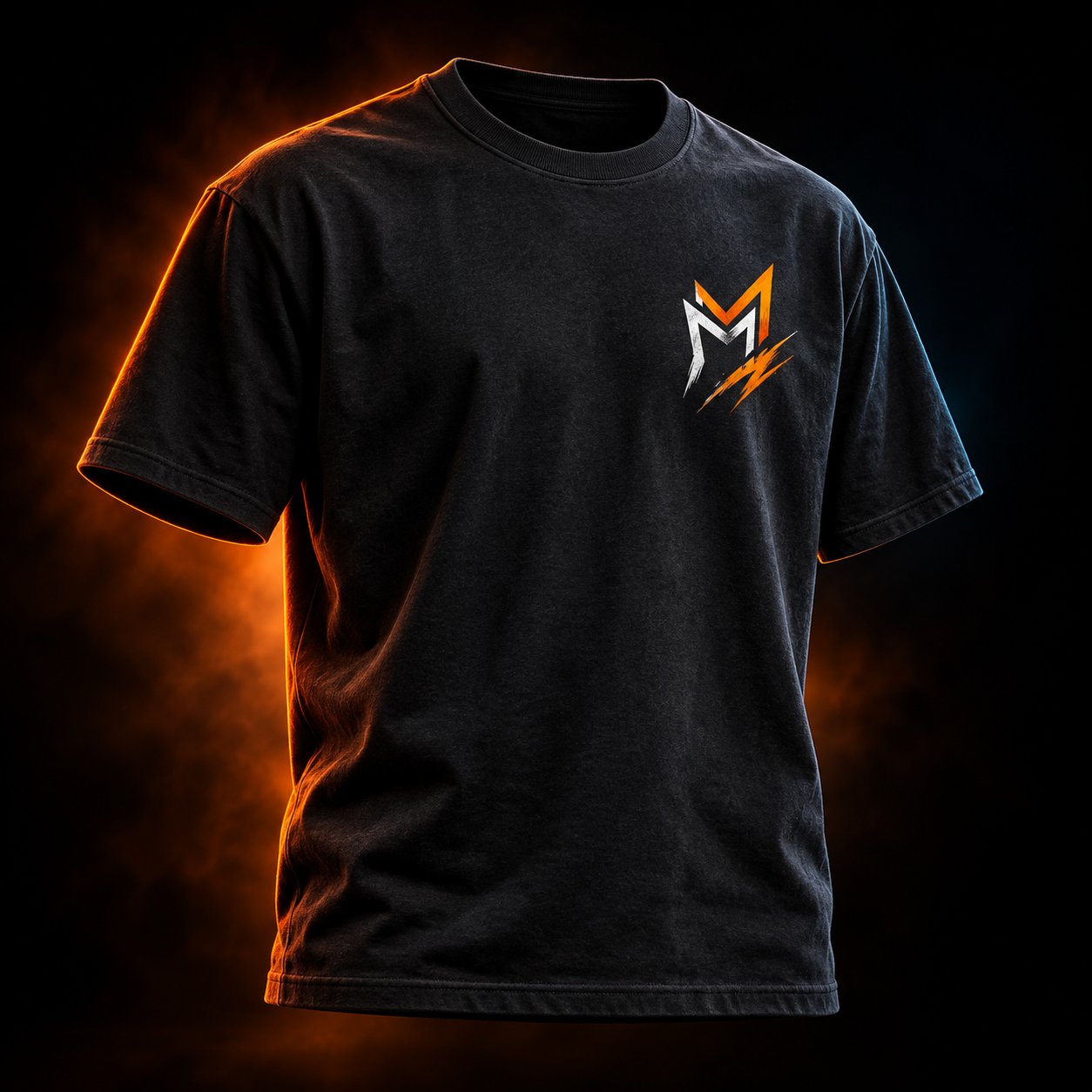Close view of a black tee with angular orange graphic