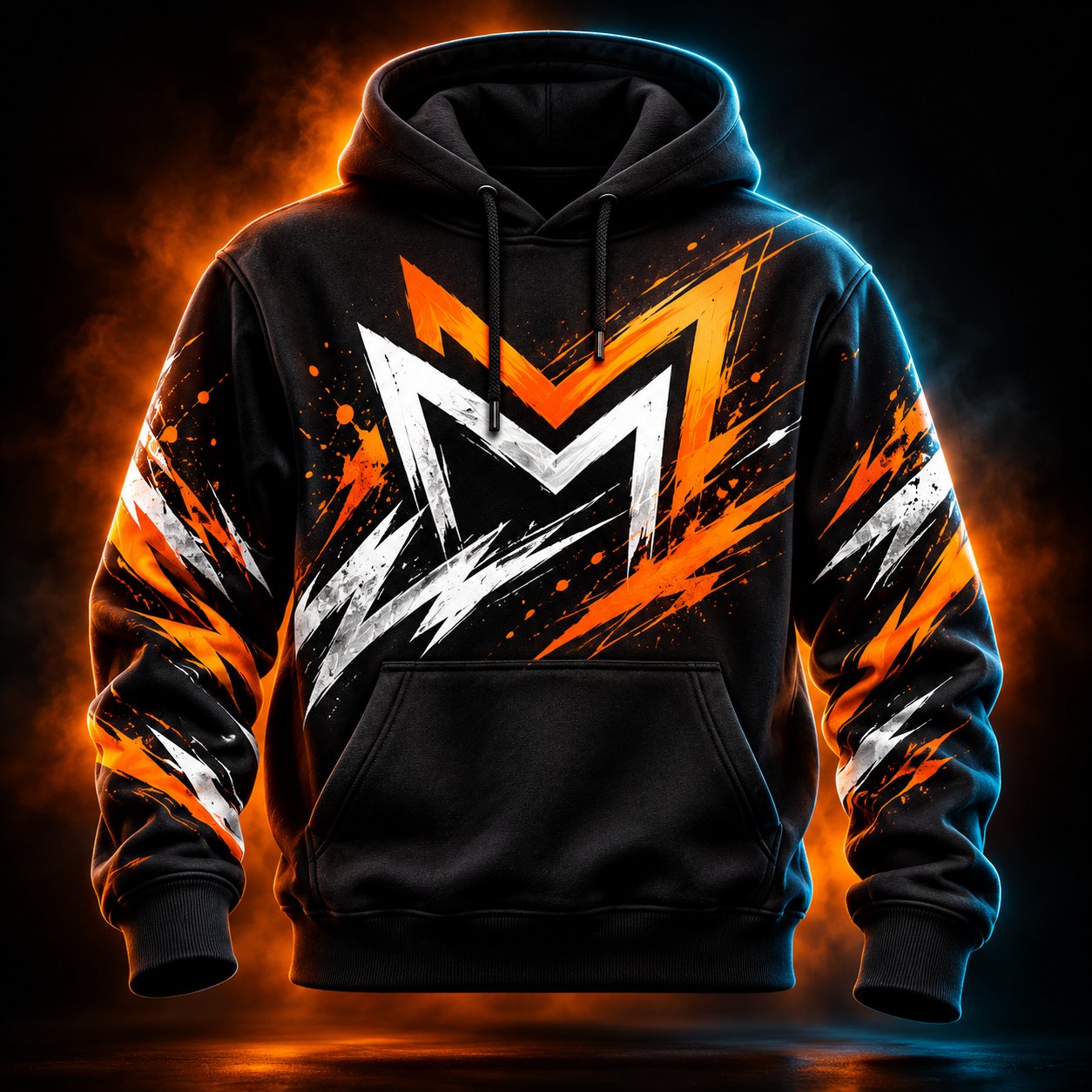 Black hoodie with orange and white graphic