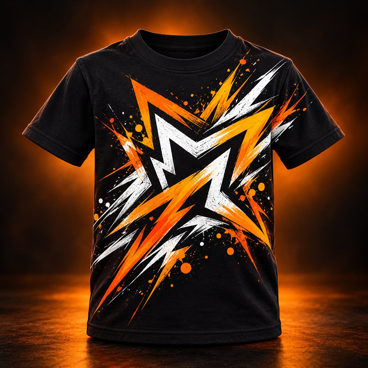 Youth black tee with orange and white abstract graphic