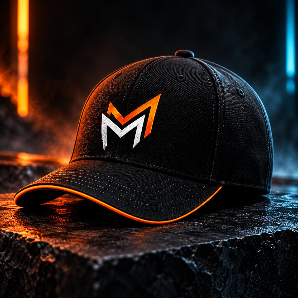 Black cap with orange and white embroidered graphic