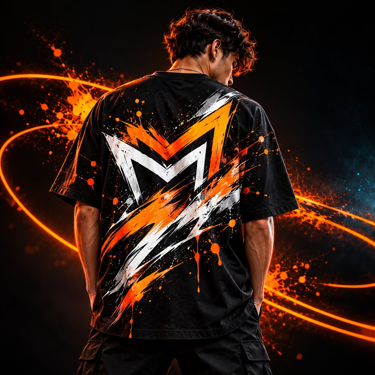 Model showing the back graphic of an oversized black tee