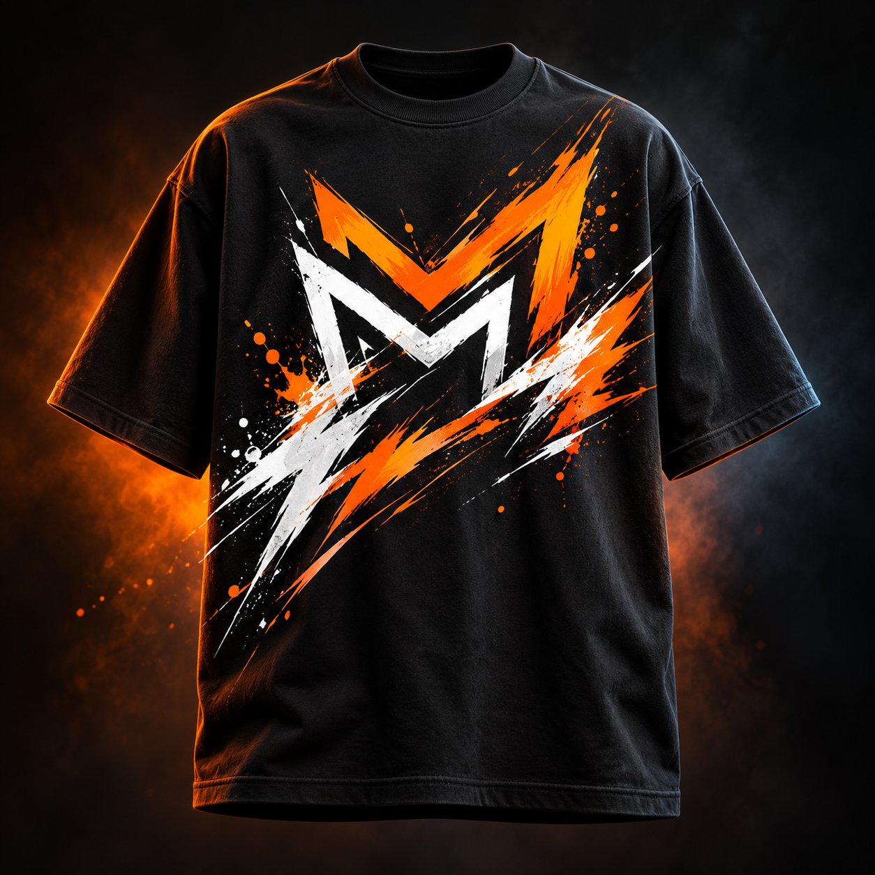 Original orange and white angular artwork on an oversized tee
