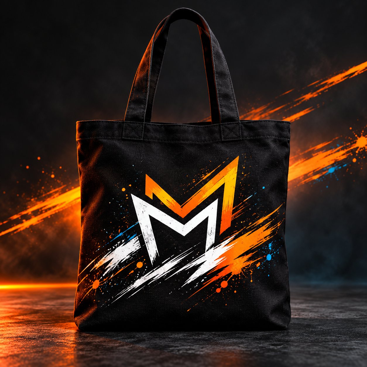 Matching angular graphic on a black tote bag