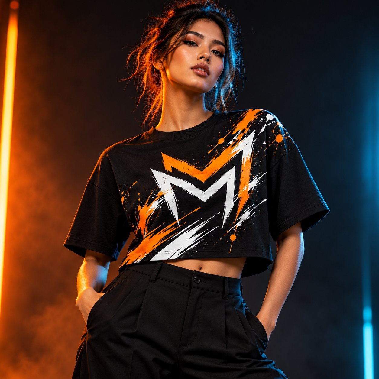 Model in a black cropped graphic tee