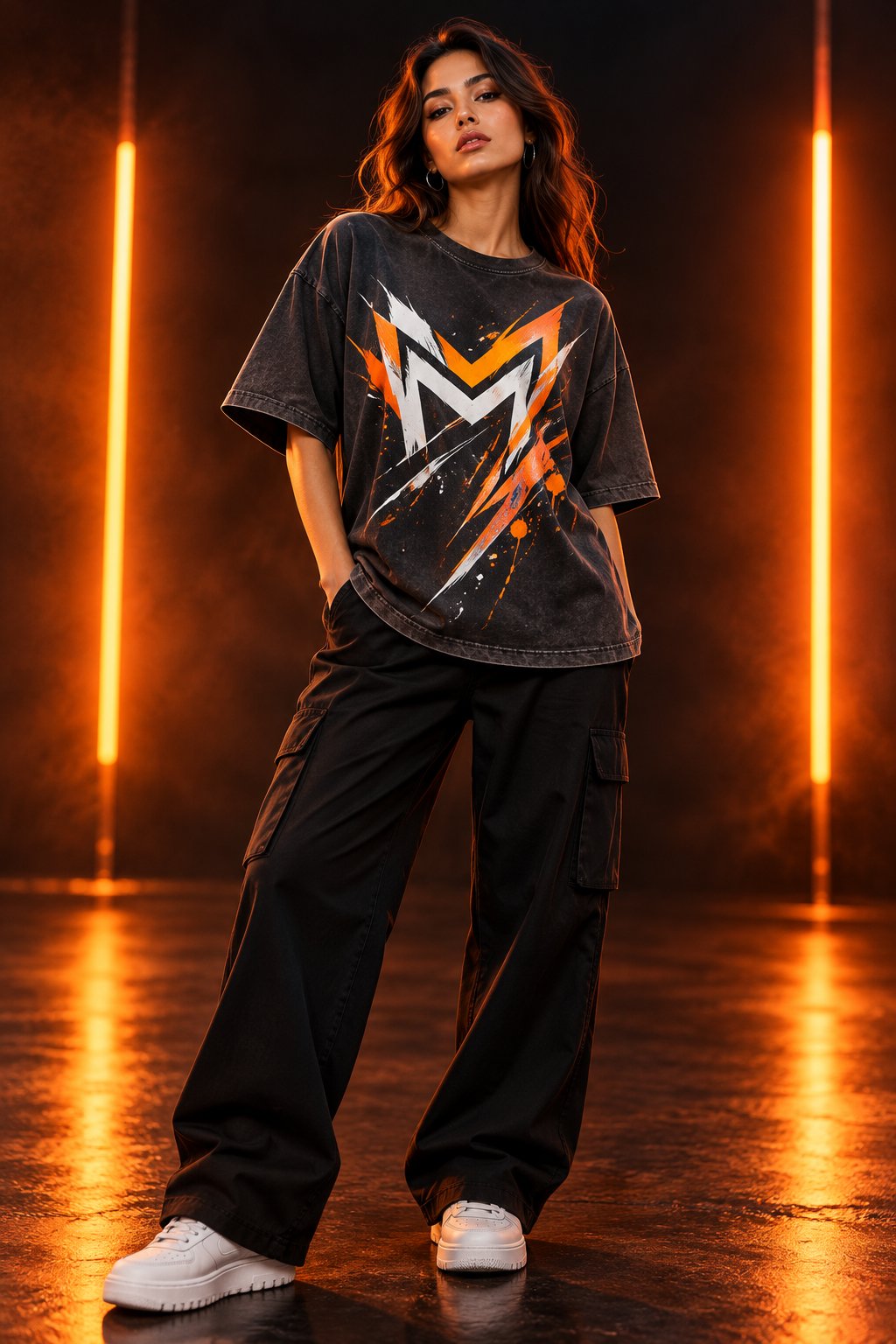 Woman wearing an oversized charcoal graphic tee